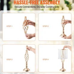VEVOR 12PCS 49cm/19.3” Tall Crystal Wedding Flower Stand, Metal Wedding Centerpiece Vase, Gold Flower Holders Floral Display Rack for Tables Wedding Dinner Party, Ceremony Birthday Event Decor