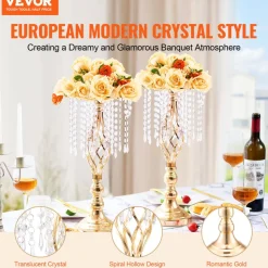 VEVOR 12PCS 49cm/19.3” Tall Crystal Wedding Flower Stand, Metal Wedding Centerpiece Vase, Gold Flower Holders Floral Display Rack for Tables Wedding Dinner Party, Ceremony Birthday Event Decor