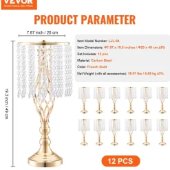 VEVOR 12PCS 49cm/19.3” Tall Crystal Wedding Flower Stand, Metal Wedding Centerpiece Vase, Gold Flower Holders Floral Display Rack for Tables Wedding Dinner Party, Ceremony Birthday Event Decor