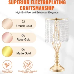 VEVOR 12PCS 49cm/19.3” Tall Crystal Wedding Flower Stand, Metal Wedding Centerpiece Vase, Gold Flower Holders Floral Display Rack for Tables Wedding Dinner Party, Ceremony Birthday Event Decor