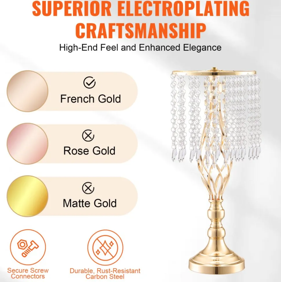 VEVOR 12PCS 49cm/19.3” Tall Crystal Wedding Flower Stand, Metal Wedding Centerpiece Vase, Gold Flower Holders Floral Display Rack for Tables Wedding Dinner Party, Ceremony Birthday Event Decor