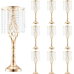 VEVOR 10PCS 55cm/21.65” Tall Crystal Wedding Flower Stand, Metal Wedding Centerpiece Vase, Gold Flower Holders Floral Display Rack for Tables Wedding Dinner Party, Ceremony Birthday Event Decor
