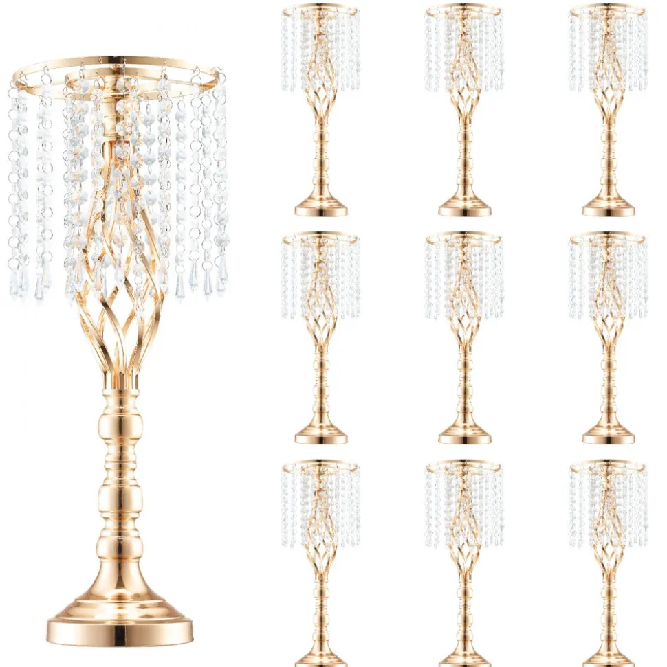 VEVOR 10PCS 55cm/21.65” Tall Crystal Wedding Flower Stand, Metal Wedding Centerpiece Vase, Gold Flower Holders Floral Display Rack for Tables Wedding Dinner Party, Ceremony Birthday Event Decor
