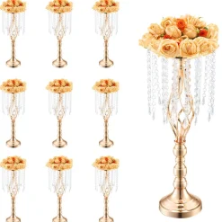 VEVOR 10PCS 55cm/21.65” Tall Crystal Wedding Flower Stand, Metal Wedding Centerpiece Vase, Gold Flower Holders Floral Display Rack for Tables Wedding Dinner Party, Ceremony Birthday Event Decor
