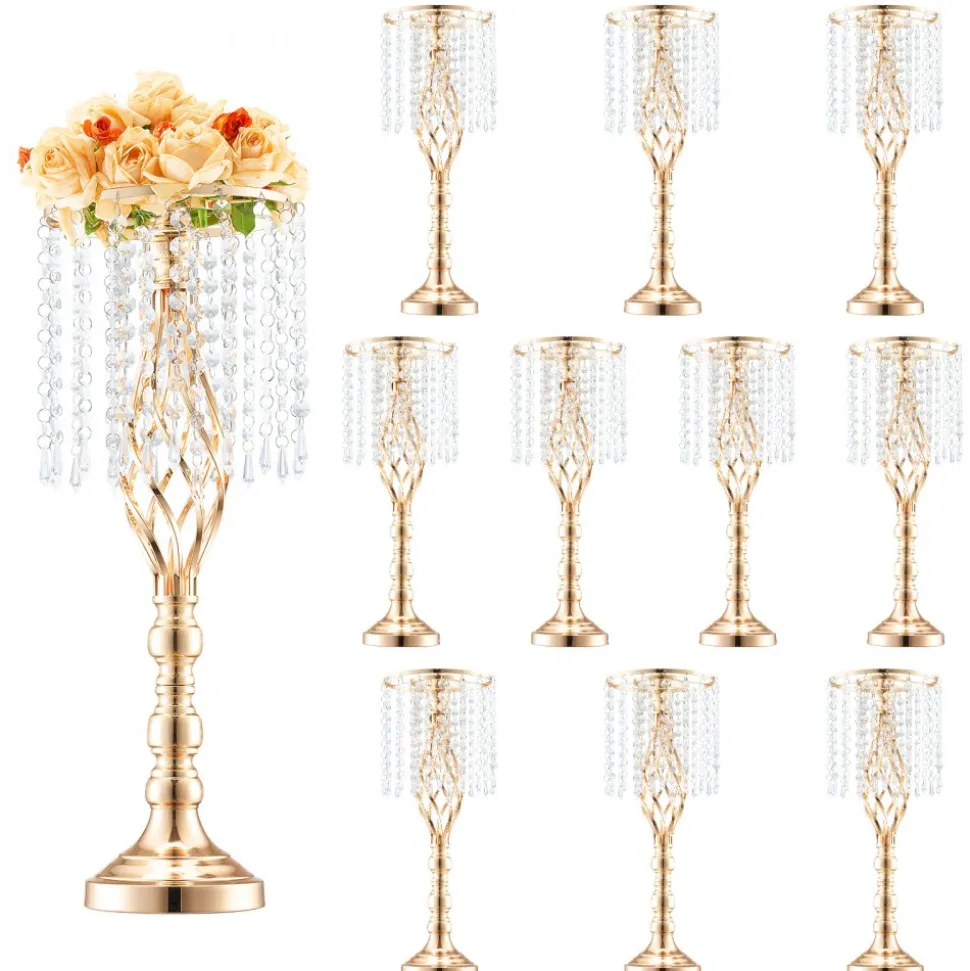 VEVOR 10PCS 55cm/21.65” Tall Crystal Wedding Flower Stand, Metal Wedding Centerpiece Vase, Gold Flower Holders Floral Display Rack for Tables Wedding Dinner Party, Ceremony Birthday Event Decor