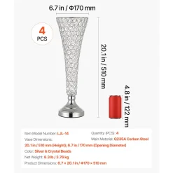 VEVOR 4 PCS Crystal Wedding Flower Vase, 20 in Tall Flower Table Centerpieces, Crystal Cylinder Banquet Vases Easy Installation, Versatile Arrangement Stand for Party Events Room Home Decor, Silver