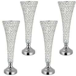 VEVOR 4 PCS Crystal Wedding Flower Vase, 20 in Tall Flower Table Centerpieces, Crystal Cylinder Banquet Vases Easy Installation, Versatile Arrangement Stand for Party Events Room Home Decor, Silver