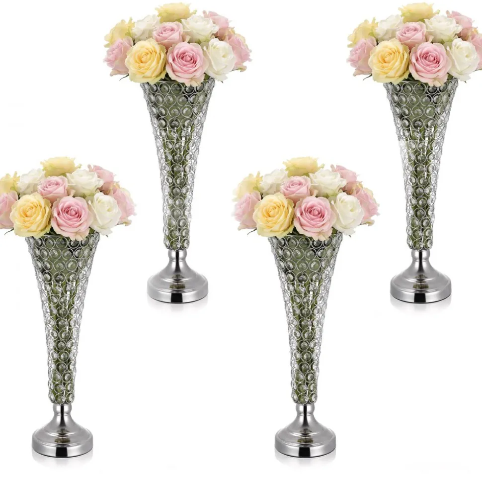 VEVOR 4 PCS Crystal Wedding Flower Vase, 20 in Tall Flower Table Centerpieces, Crystal Cylinder Banquet Vases Easy Installation, Versatile Arrangement Stand for Party Events Room Home Decor, Silver