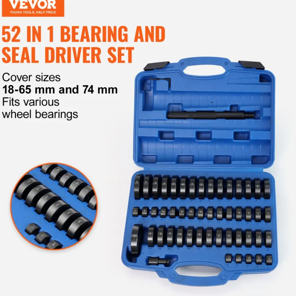 VEVOR 52PCS Custom Bushing Bearing & Seal Driver Set, Transmission Wheel Axle Bearing Race, Seal Driver Installer Remover, 18-65mm & 74mm Metric Discs Bush Removal Puller Bearing Press Tool Kit