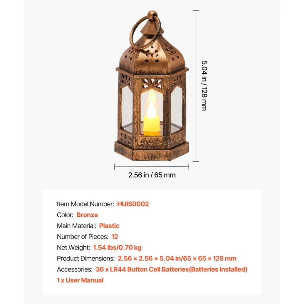 VEVOR 12 Pcs Decorative Candle Lantern, LED Electric Flameless Candle, Plastic LED Holder with Glass, Wall Hanging Indoor Porch Lanterns for Wedding Table Party Farmhouse Indoor Decor, Bronze