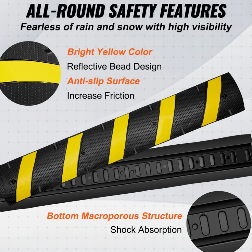 VEVOR 2PCs 6 ft/72'' Rubber Speed Hump, 2 Channel, 22000 lbs Capacity Heavy Duty Traffic Speed Bump, with High Reflective Yellow Strip 8 Expansion Screws and 1 Drill, for Asphalt Concrete Gravel Roads