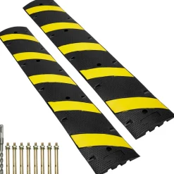 VEVOR 2PCs 6 ft/72'' Rubber Speed Hump, 2 Channel, 22000 lbs Capacity Heavy Duty Traffic Speed Bump, with High Reflective Yellow Strip 8 Expansion Screws and 1 Drill, for Asphalt Concrete Gravel Roads
