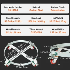 VEVOR 2PCS 55 Gallon Heavy Duty Drum Dolly, 1000 lbs Load Capacity, Barrel Dolly Cart Drum Caddy, Non Tipping Hand Truck Capacity Dollies with Steel Frame 4 Swivel Casters Wheel, for Drum Handling