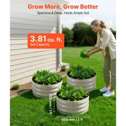 VEVOR 3 Pcs Galvanized Raised Garden Beds, 2 x 2 x 1 ft, Round Metal Planter Boxes Kit Outdoor, Bottomless Elevated Garden Boxes with Gloves, Alu-Zinc, for Planting Flowers Vegetables Herbs, Beige