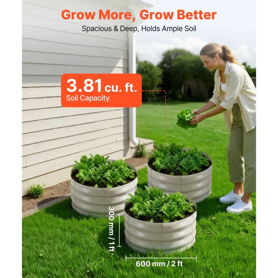 VEVOR 3 Pcs Galvanized Raised Garden Beds, 2 x 2 x 1 ft, Round Metal Planter Boxes Kit Outdoor, Bottomless Elevated Garden Boxes with Gloves, Alu-Zinc, for Planting Flowers Vegetables Herbs, Beige