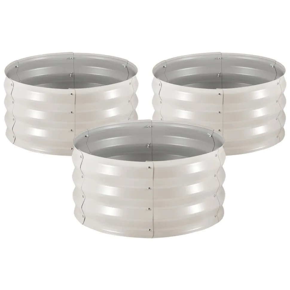 VEVOR 3 Pcs Galvanized Raised Garden Beds, 2 x 2 x 1 ft, Round Metal Planter Boxes Kit Outdoor, Bottomless Elevated Garden Boxes with Gloves, Alu-Zinc, for Planting Flowers Vegetables Herbs, Beige