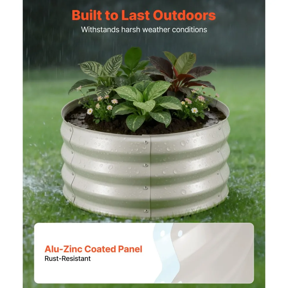 VEVOR 3 Pcs Galvanized Raised Garden Beds, 2 x 2 x 1 ft, Round Metal Planter Boxes Kit Outdoor, Bottomless Elevated Garden Boxes with Gloves, Alu-Zinc, for Planting Flowers Vegetables Herbs, Beige