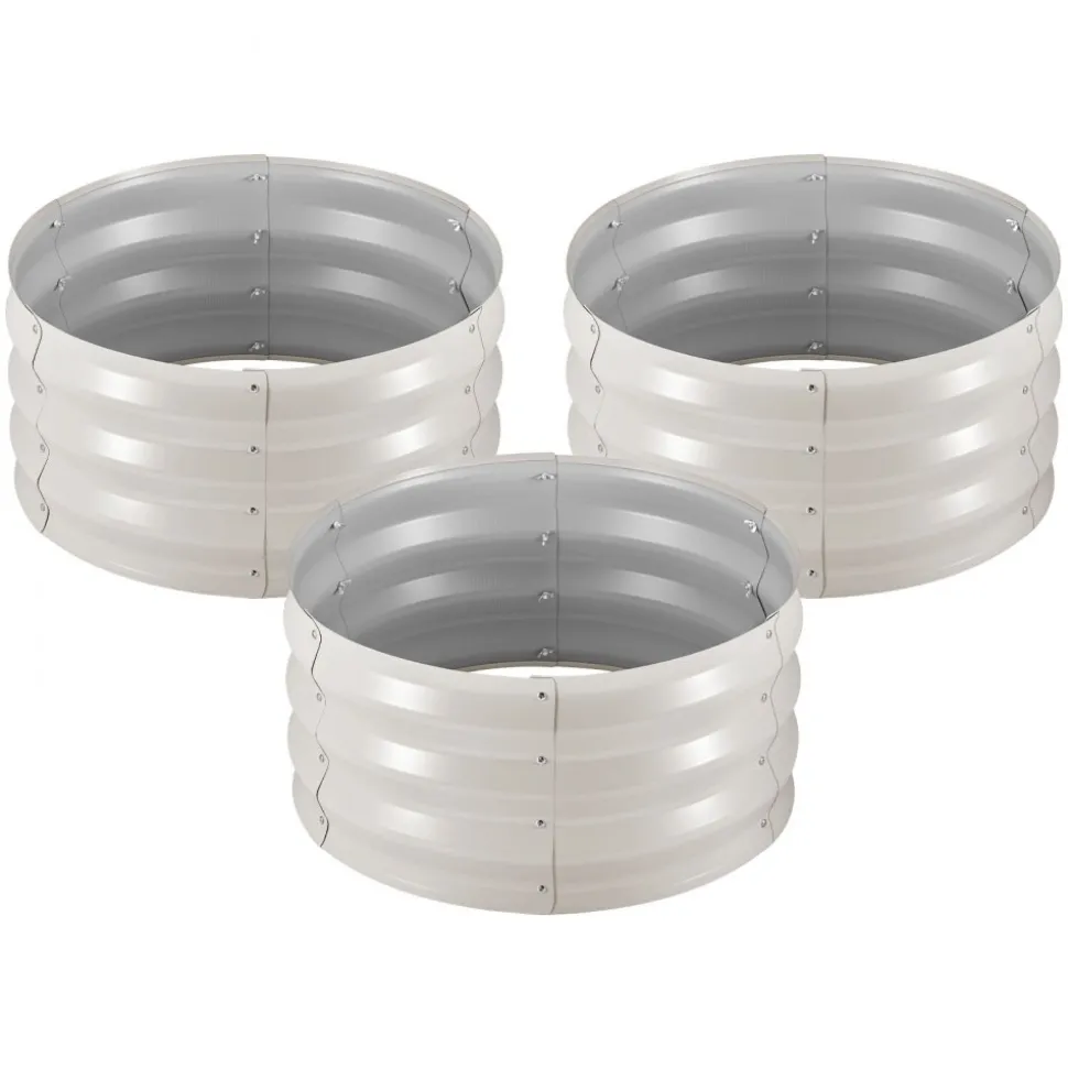 VEVOR 3 Pcs Galvanized Raised Garden Beds, 2 x 2 x 1 ft, Round Metal Planter Boxes Kit Outdoor, Bottomless Elevated Garden Boxes with Gloves, Alu-Zinc, for Planting Flowers Vegetables Herbs, Beige