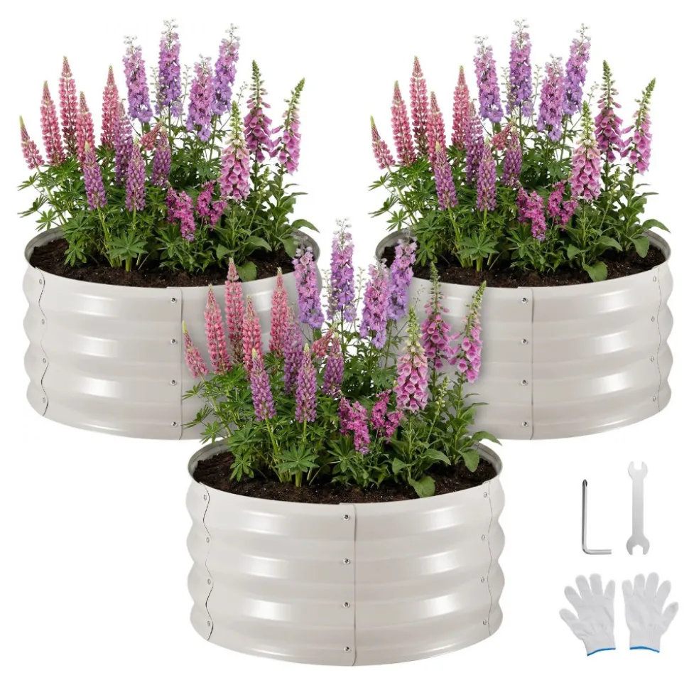 VEVOR 3 Pcs Galvanized Raised Garden Beds, 2 x 2 x 1 ft, Round Metal Planter Boxes Kit Outdoor, Bottomless Elevated Garden Boxes with Gloves, Alu-Zinc, for Planting Flowers Vegetables Herbs, Beige