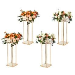 VEVOR 4PCS Gold Metal Column Wedding Flower Stand, 23.6inch High With Metal Laminate, Vase Geometric Centerpiece Stands, Cylindrical Floral Display Rack for Events Reception, Party Road Leads