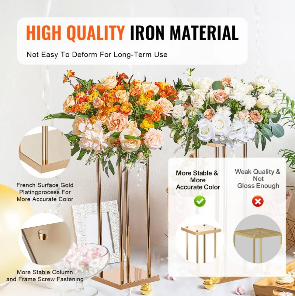 VEVOR 4PCS Gold Metal Column Wedding Flower Stand, 23.6inch High With Metal Laminate, Vase Geometric Centerpiece Stands, Cylindrical Floral Display Rack for Events Reception, Party Road Leads