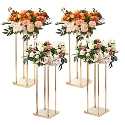 VEVOR 4PCS Gold Metal Column Wedding Flower Stand, 31.5inch High With Metal Laminate, Vase Geometric Centerpiece Stands, Cylindrical Floral Display Rack for Events Reception, Party Road Leads