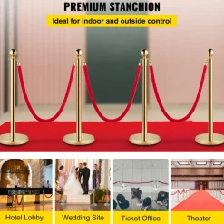 VEVOR 4PCS Gold Stanchion Posts Queue, 38 Inch Red Velvet Rope, Crowd Control Barriers Queue Line Rope, Barriers for Party Supplies