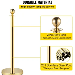 VEVOR 6 PCS Gold Stanchions Posts Stainless Steel Stanchion Queue Post Red Rope Retractable 38In for Both Indoor and Outdoor use.
