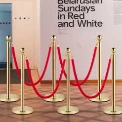 VEVOR 6 PCS Gold Stanchions Posts Stainless Steel Stanchion Queue Post Red Rope Retractable 38In for Both Indoor and Outdoor use.