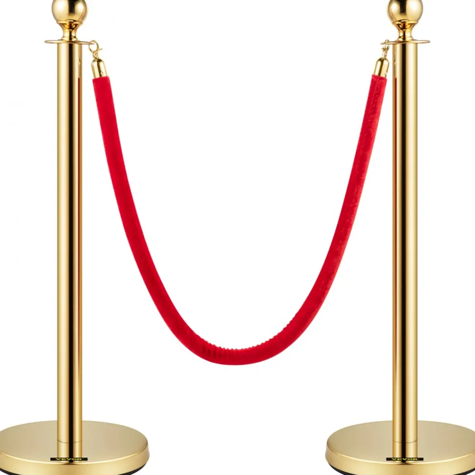 VEVOR 6 PCS Gold Stanchions Posts Stainless Steel Stanchion Queue Post Red Rope Retractable 38In for Both Indoor and Outdoor use.