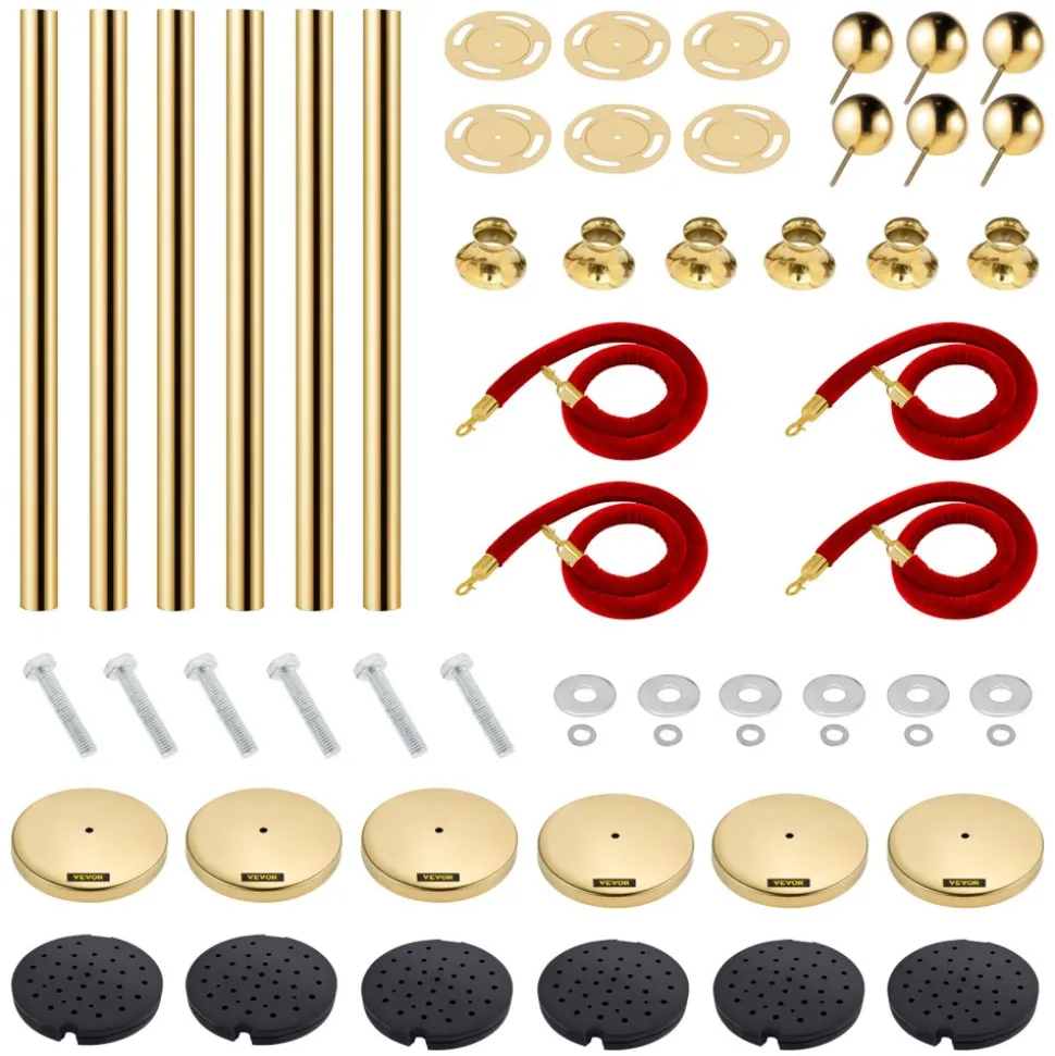 VEVOR 6 PCS Gold Stanchions Posts Stainless Steel Stanchion Queue Post Red Rope Retractable 38In for Both Indoor and Outdoor use.