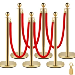 VEVOR 6 PCS Gold Stanchions Posts Stainless Steel Stanchion Queue Post Red Rope Retractable 38In for Both Indoor and Outdoor use.