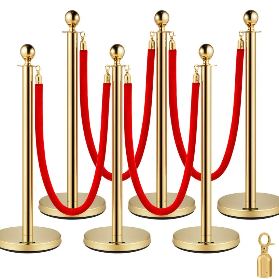 VEVOR 6 PCS Gold Stanchions Posts Stainless Steel Stanchion Queue Post Red Rope Retractable 38In for Both Indoor and Outdoor use.