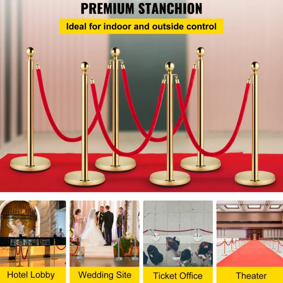 VEVOR 6 PCS Gold Stanchions Posts Stainless Steel Stanchion Queue Post Red Rope Retractable 38In for Both Indoor and Outdoor use.