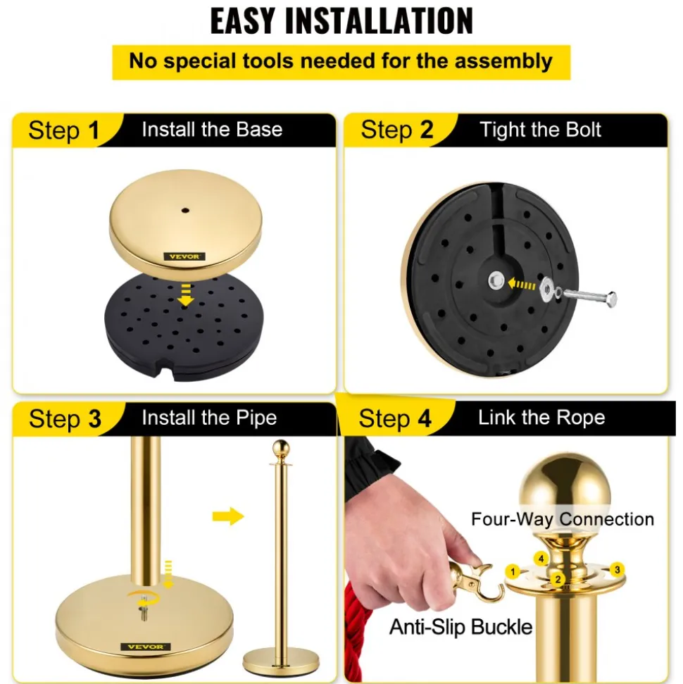 VEVOR 6 PCS Gold Stanchions Posts Stainless Steel Stanchion Queue Post Red Rope Retractable 38In for Both Indoor and Outdoor use.