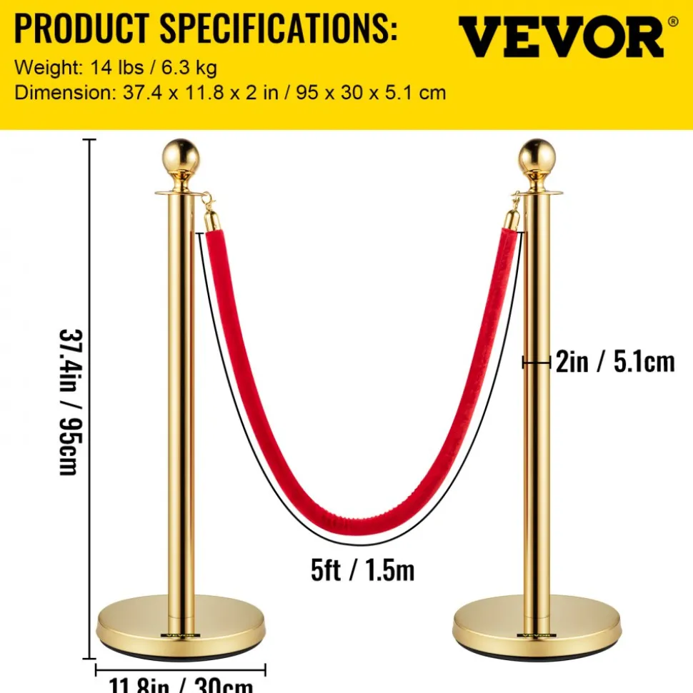VEVOR 6 PCS Gold Stanchions Posts Stainless Steel Stanchion Queue Post Red Rope Retractable 38In for Both Indoor and Outdoor use.