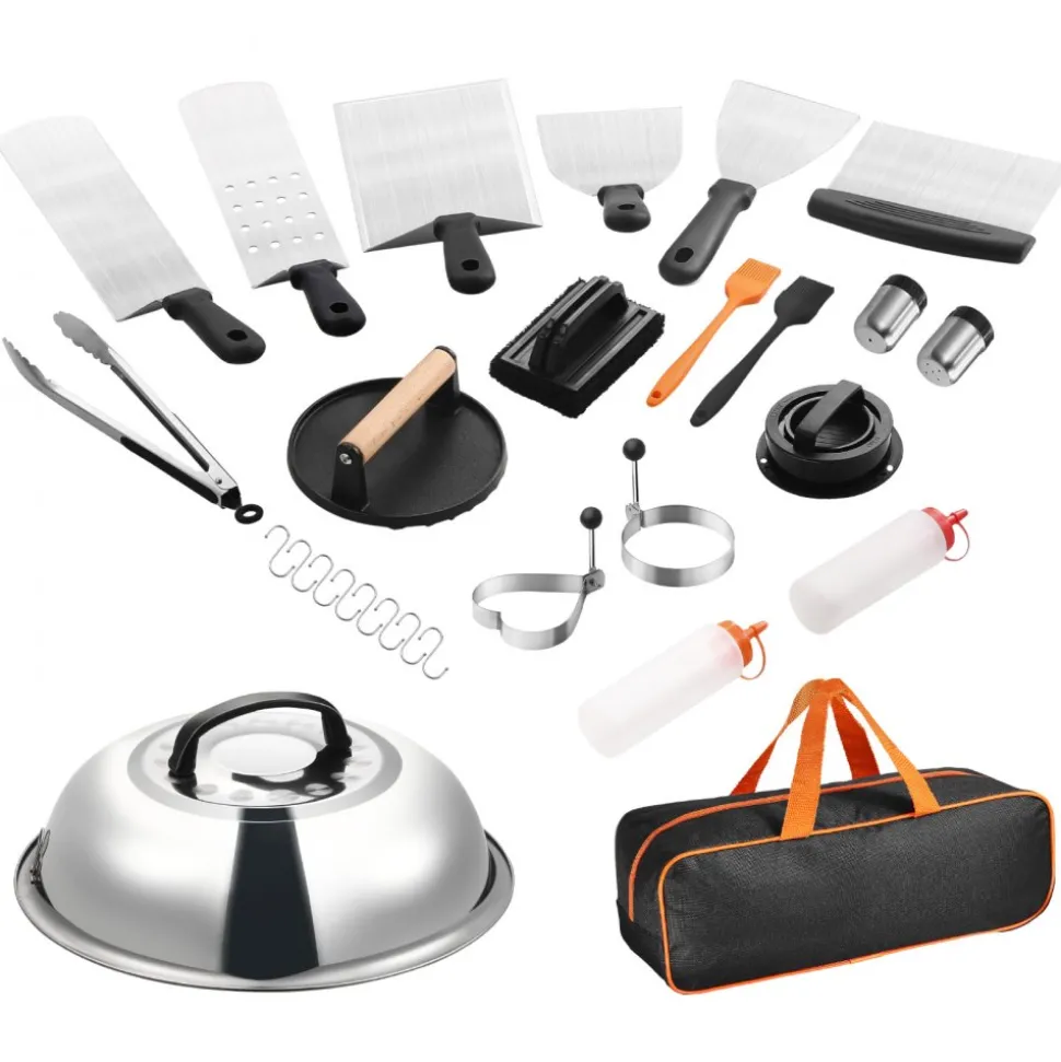 VEVOR 28PCS Griddle Accessories Kit, Flat Top Grill Accessory, Enlarged Spatula Gift Set, Stainless Steel Grilling Tools with Basting Cover, Tong, Burger Press, Carry Bag, for Outdoor BBQ Teppanyaki