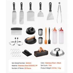 VEVOR 28PCS Griddle Accessories Kit, Flat Top Grill Accessory, Enlarged Spatula Gift Set, Stainless Steel Grilling Tools with Basting Cover, Tong, Burger Press, Carry Bag, for Outdoor BBQ Teppanyaki