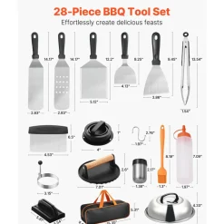 VEVOR 28PCS Griddle Accessories Kit, Flat Top Grill Accessory, Enlarged Spatula Gift Set, Stainless Steel Grilling Tools with Basting Cover, Tong, Burger Press, Carry Bag, for Outdoor BBQ Teppanyaki