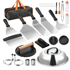 VEVOR 28PCS Griddle Accessories Kit, Flat Top Grill Accessory, Enlarged Spatula Gift Set, Stainless Steel Grilling Tools with Basting Cover, Tong, Burger Press, Carry Bag, for Outdoor BBQ Teppanyaki