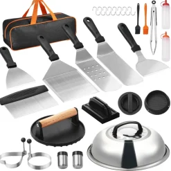 VEVOR 28PCS Griddle Accessories Kit, Flat Top Grill Accessory, Enlarged Spatula Gift Set, Stainless Steel Grilling Tools with Basting Cover, Tong, Burger Press, Carry Bag, for Outdoor BBQ Teppanyaki