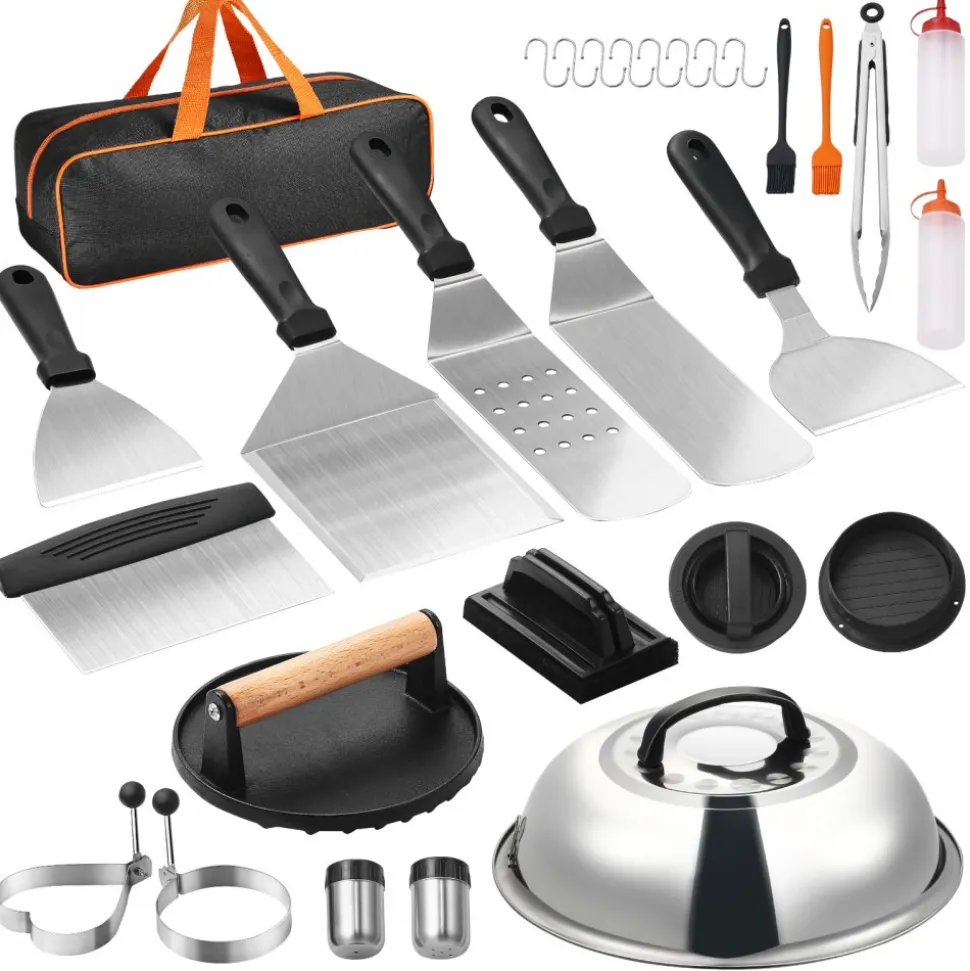 VEVOR 28PCS Griddle Accessories Kit, Flat Top Grill Accessory, Enlarged Spatula Gift Set, Stainless Steel Grilling Tools with Basting Cover, Tong, Burger Press, Carry Bag, for Outdoor BBQ Teppanyaki