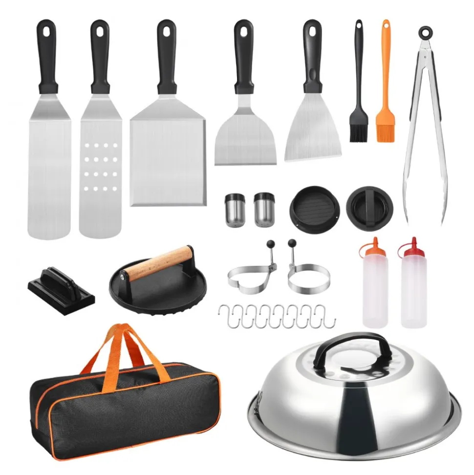 VEVOR 28PCS Griddle Accessories Kit, Flat Top Grill Accessory, Enlarged Spatula Gift Set, Stainless Steel Grilling Tools with Basting Cover, Tong, Burger Press, Carry Bag, for Outdoor BBQ Teppanyaki
