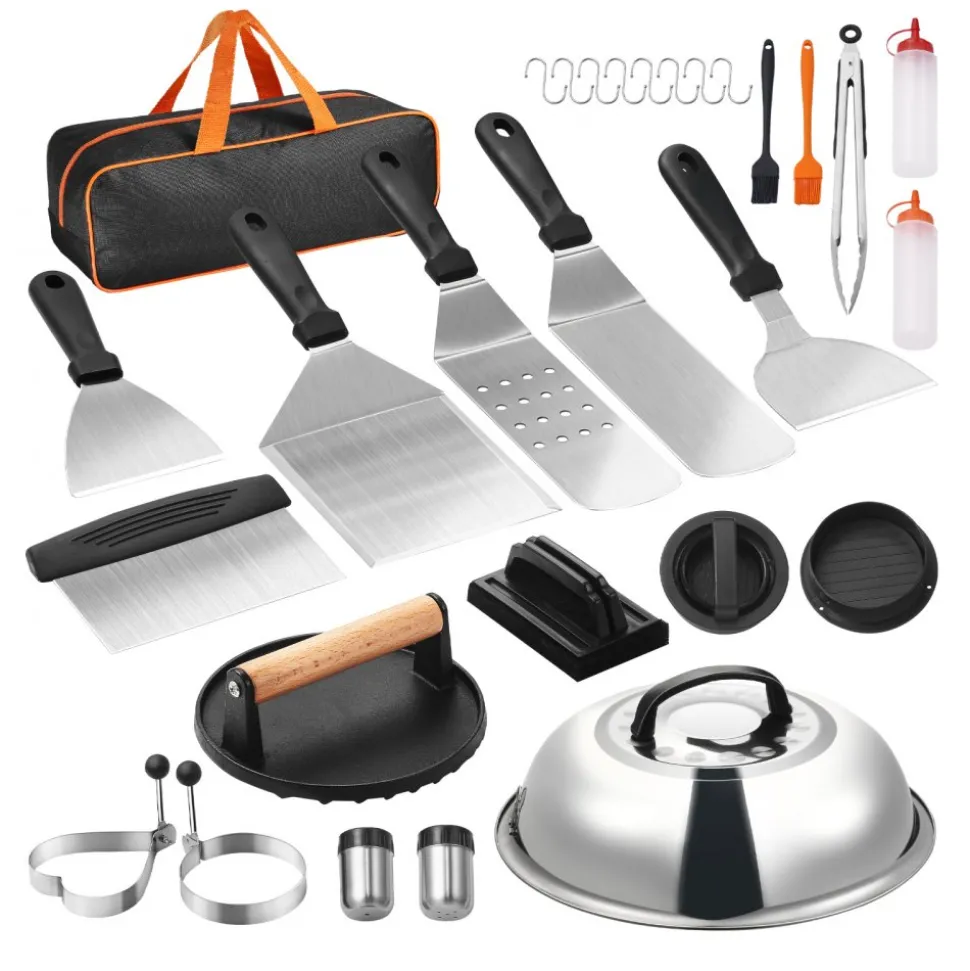 VEVOR 28PCS Griddle Accessories Kit, Flat Top Grill Accessory, Enlarged Spatula Gift Set, Stainless Steel Grilling Tools with Basting Cover, Tong, Burger Press, Carry Bag, for Outdoor BBQ Teppanyaki