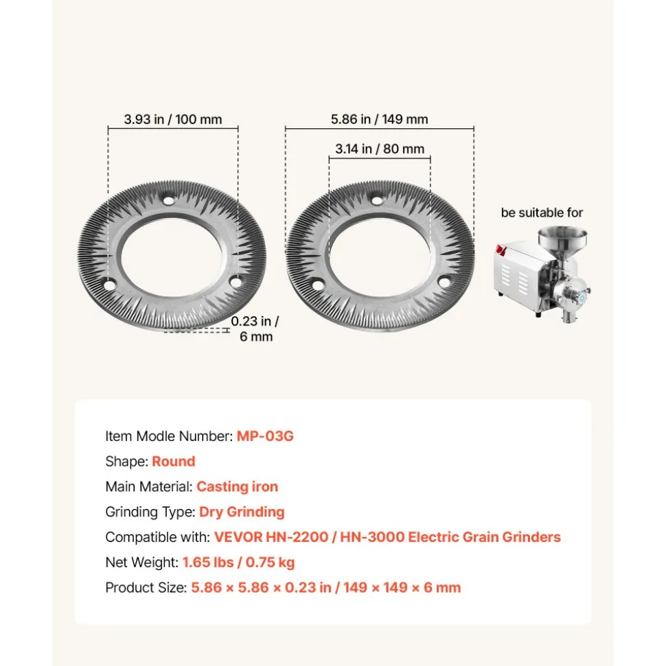VEVOR 2PCS Grinding Sheets for Electric Grain Mill Grinder, Cast Iron Dry Grinding Discs, Replacement Grinding Plates Compatible with VEVOR HN-2200, HN-3000 Corn Spice Mill Grinder