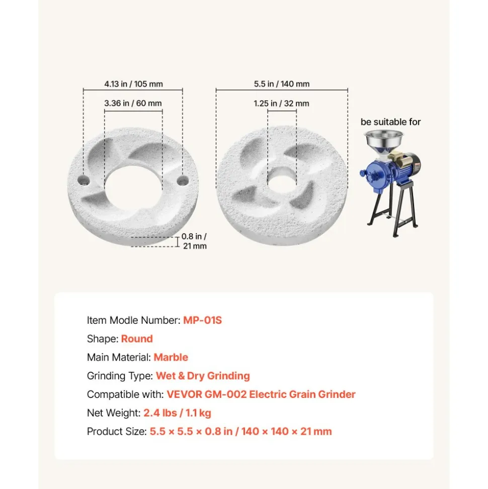 VEVOR 2PCS Grinding Sheets for Electric Grain Mill Grinder, Marble Dry & Wet Grinding Discs, Replacement Grinding Plates Compatible with VEVOR GM-002 Corn Spice Mill Grinder