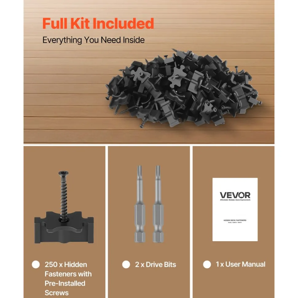VEVOR 250PCS Hidden Deck Fasteners for Composite Decking Board, Universal Composite T Clips & Plastic Hidden Fasteners with Metal Screws,Polypropylene PP Clips Works with 0.26 inch Gaps, Black