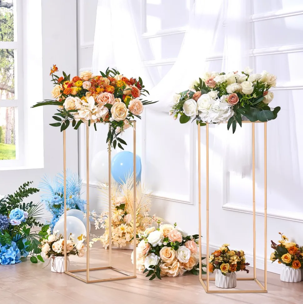 VEVOR 10PCS 31.5inch High Wedding Flower Stand, With Acrylic Laminate,Metal Vase Column Geometric Centerpiece Stands, Gold Rectangular Floral Display Rack for Events Reception, Party Decoration