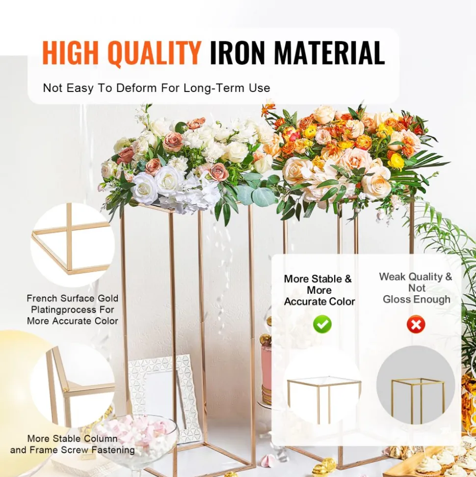 VEVOR 10PCS 31.5inch High Wedding Flower Stand, With Acrylic Laminate,Metal Vase Column Geometric Centerpiece Stands, Gold Rectangular Floral Display Rack for Events Reception, Party Decoration