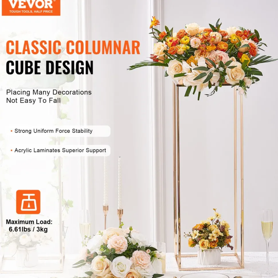 VEVOR 10PCS 31.5inch High Wedding Flower Stand, With Acrylic Laminate,Metal Vase Column Geometric Centerpiece Stands, Gold Rectangular Floral Display Rack for Events Reception, Party Decoration